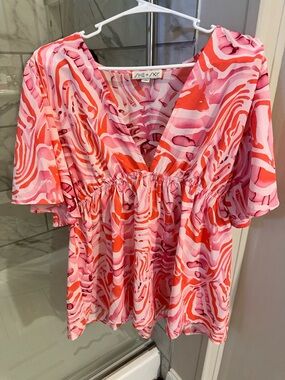 She + Sky Pink and Coral Swirl V-Neck Blouse